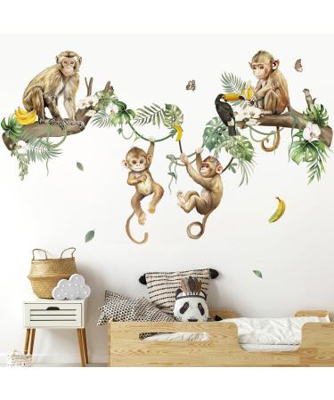 decalmile Wild Monkey Climbing Tree Wall Decals Jungle Animals Vine Leaves Wall Stickers Baby Nursery Kids Room Living Room Wall Decor F