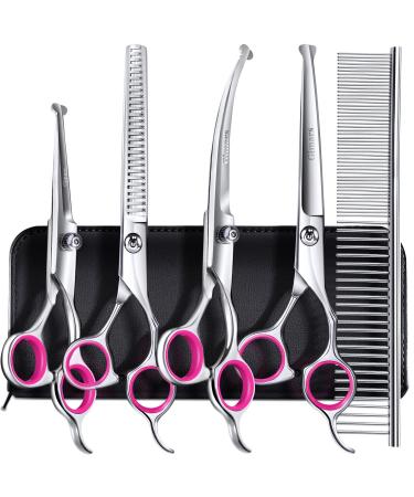 Gimars Professional 4CR-Edelstahl-6-in-1 care scissors for dogs with a round security tip robust titanium-coated veterinary scissors for dogs cats and other animals pink