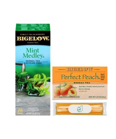 Bigelow Medicine Ball Cold Buster Tea Bundle by Foxtail Collective: 28 sachets Mint Medley and 20 sachets of Perfect Peach | Ten 100% Grade A Honey Straws | 6 Recipes Custom Tote