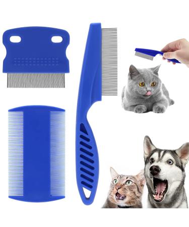 Dog cats lice comb 3 pieces of care comb pets flea tear stain remover comb stainless steel metal combs for effective against fleas and lice dogs cat care tools (blue)