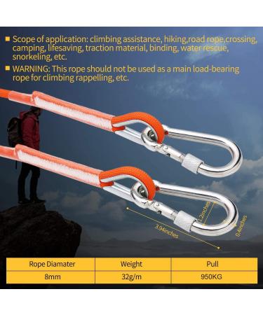 Enjohos 8mm Climbing Rope with Screw Carabiner | 15m Safety Rope for Hiking Mountaineering & Tree Climbing - 950kg Load Capacity (Orange) - Buy Online on SooperMarket.com