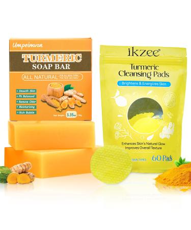 2 Pack Turmeric Soap Bar for Face 60 Pads Turmeric Exfoliating Pads Turmeric Face Soap Vitamin B5 Lemon Turmeric Pads for Face and Body Cleanse and Moisturize Acne and Scars