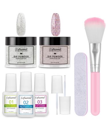 Lofuanna Dip Powder Nail Starter Kit-2 Colors Nail Dipping Powder with Base Top Coat Activator No UV/LED Needed 9Pcs Dip Powder Set DIY French Nail Art Manicure Set for Beginners (Glitter Set)
