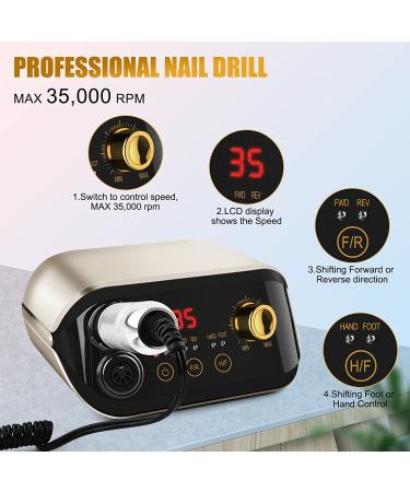 JUEMEL Professional Nail Drill Machine 35000rpm with Foot Pedal, Forward/Reverse Rotation, 125pcs Nail Drill Bits - Electric File for Gel Nails, Acrylic Manicure Pedicure Tool Kit, High-Speed Polishing & Shaping - Wall Plug Included - Buy Online on SooperMarket.com