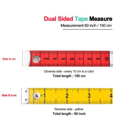 Soft Multicolor Tape Measure Set for Body Sewing and Craft - 60-inch/150-cm Dual Sided Measuring Tape with Snap Button Closure - Buy Online on SooperMarket.com