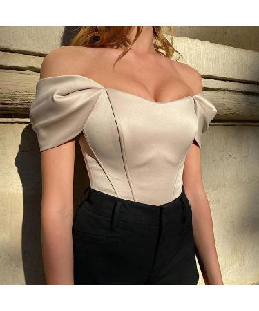 Womens Sexy Tube Top Off Shoulder Puff Sleeve Blouse | Slim Fit Fishbone Thread Breast Wrap Pullover - Beige - Buy Online on SooperMarket.com