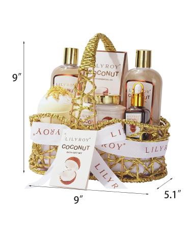 Coconut Spa Gift Set for Women - 8Pcs Spa Gift Basket with Shower Gel, Bubble Bath, Body Cream, and More in Elegant Wire Basket | Gifts for Her - Buy Online on SooperMarket.com