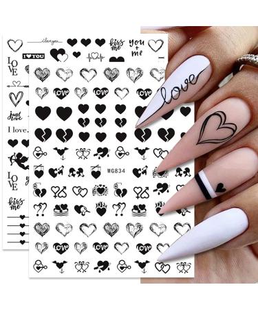 Valentines Day Nail Art Stickers Decals Valentines Day Nail Decorations Accessories Black Heart Love Lips 3D Self-Adhesive Slider Letters Decals Manicure Accessories 6 Sheets (Heart)