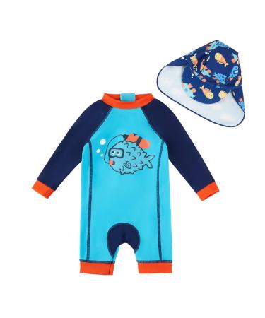 upandfast Baby Boy Swimwear Infant One Piece Zip Swimsuit UPF 50+ Sun Protection Toddler Bathing Suit with Sun Hat 18-24 Months Blue Fish