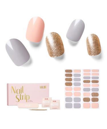 NAILOG Semi Cured Gel Nail Strips 34 pcs Salon-Quality Gel Nail Stickers Long Lasting Nail Wraps for Women with Soft Gel Finish Neon Peach Purple Grey & Gold Glitter Summer Soiree