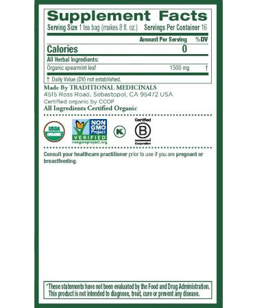 Organic Spearmint Herbal Tea - Naturally Caffeine Free | 16 Wrapped Bags - Traditional Medicinals - Buy Online on SooperMarket.com