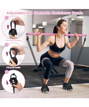 Pilates Bar Kit with Adjustable Resistance Bands | Portable 3-Section Pilates Stick Bar for Full Body Workout | Ideal for Home, Gym, Office, Travel | Pink - Buy Online on SooperMarket.com