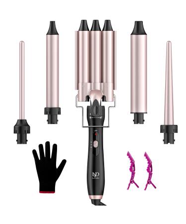 Waver Curling Iron Wand LAYADO 5 in 1 Curling Iron Set Curling Wand with 3 Barrel Curling Iron and 4 Interchangeable Ceramic Hair Wand 0.35"-1.25" Fast Heating Hair Curler in All Hair Type Rose Gold