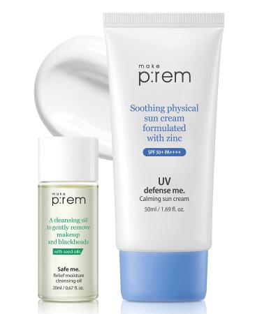 MAKEPREM UVA UVB Defense Me Calming Sun Cream VEGAN Sunblock SPF 50+ PA++++ 1.69 Fl Oz Reef-Safe Non-Nano Mineral Sunscreen Broad UV Protection Blue Ray Dry Sensitive Acne-Prone Oily Skin No Chemical Sun Cream x 1