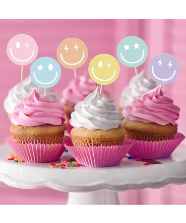 Whaline 36Pcs Preppy Smile Face Cupcake Toppers 6 Designs Paper Cake Decor Cute Cupcake Picks for Y2K Bachelorette Birthday Party Supplies Photo Booth Props - Buy Online on SooperMarket.com