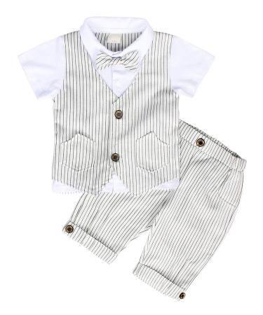 AmzBarley Baby Boys Gentlemans Outfit Suit Kids Long/Short Sleeve Dress Shirt Pants Vest Bowtie Tuxedo Rompers Childs Birthday Evening Holiday Party Ivory 1-2 Years