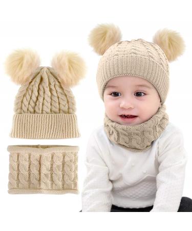 CheChury Toddler Hat and Scarf Set Baby Warm Knit Pom Beanie Cap with Circle Loop Scarf Neckwarmer 1-3 Years #2 Beige