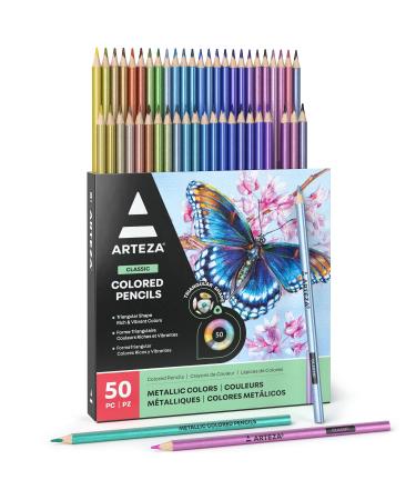 ARTEZA Metallic Colored Pencils for Adult Coloring, Set of 50 Drawing Pencils, Triangular Grip, Pre-Sharpened Pencil Set, Professional Art Supplies for Artists, for Coloring and Sketching