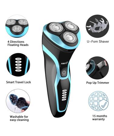 MAX-T Electric Razor for Men - Corded/Cordless Rotary Shaver with Pop Up Trimmer, IPX7 Waterproof, Wet/Dry, Wall Adapter Included - Blue - Buy Online on SooperMarket.com
