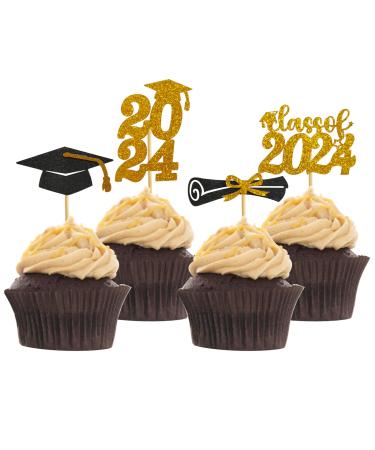 Mulukaya 24Pcs 2024 Graduation Cupcake Toppers Grad Cap Diploma Treat Cake Picks for 2024 Class of 2024 Congratulations Party Decorations Supplies