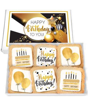 Happy Birthday Cookies 6 PACK Gift Basket Gold for Men Women Kids | Gourmet Decorated Sugar Cookie Gift Box | Individually Wrapped Nut-Free