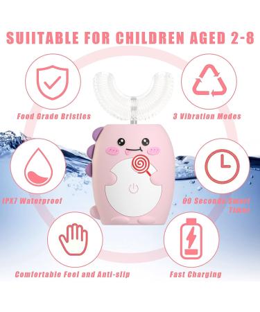 ANYCOVER Kids Electric Toothbrush with 4 Brush Heads | U-Shaped Design, IPX7 Waterproof, 3 Cleaning Modes | for 2-8 Years, Children's Sonic Toothbrush (Pink) - Buy Online on SooperMarket.com