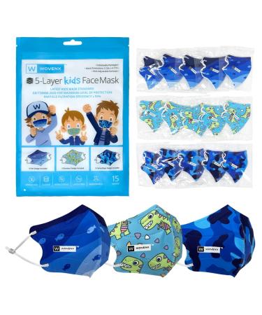 Wovenx - FDA Registered, 5 Ply Disposable Kids Face Mask 15 Pack, Adjustable Earloops, Individually Sealed Boys Masks