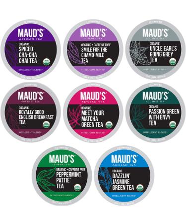 Maud's 8 Blend Organic Tea Variety Pack 48ct. Solar Energy Produced Variety Green Tea, Black Tea, Peppermint Tea, Chai Tea, Matcha Tea, Jasmine Tea, Chamomile Lavender, English Breakfast & Earl Grey Organic Tea Variety Pac