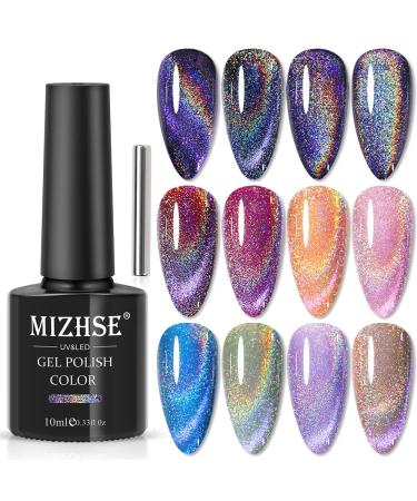 MIZHSE Universal Rainbow Cat Eye Gel Nali Polish Laser Holographic 9D Cat Eye Gel Polish Soak Off LED UV Gel Nail Art Varnish with Magnetic 10ml Rainbow Cat Eye Gel Polish