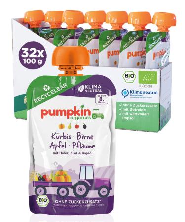 Organic squeeze pumpkin pear apple plum oats cinnamon & rapeseed oil - vegetable puree fruit puree and cereals for babies from the 8th month.Recyclable squeezing bag 32 pack (32x100g)