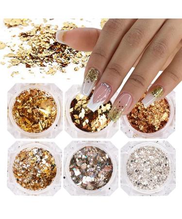 GORS Holographic Nail Foil Glitter Art Flake  6 Jar Gold Holographic Nail Art Sequins Bright Colorful Shiny Nail Supplies Nail Glitter Nail Confetti DIY Nail Art Design Decoration Accessories Gold Foil Powder(Gold) & Gli...