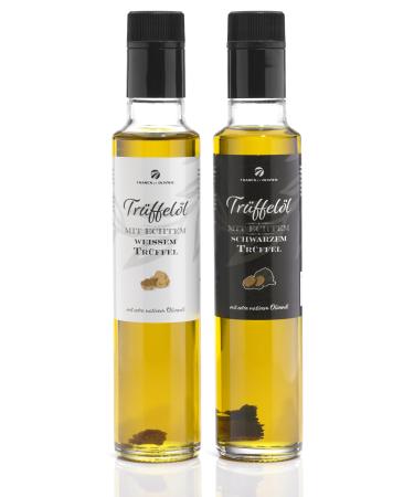 Gourmet truffle oil set (2 x 250 ml) with real black and white truffle.From native olive oil.For sauces and for refining dishes.Suitable for vegan and gluten -free nutrition