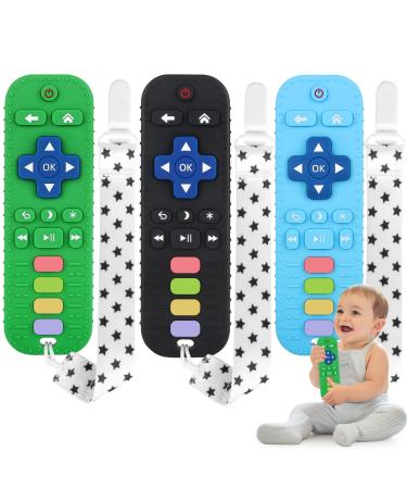 Wujun silicone bite toy for toddlers remote-controlled bite rings for babies k toy stuff relief calming set BPA-free/invadable/dishwasher and refrigerator (black+green+blue)