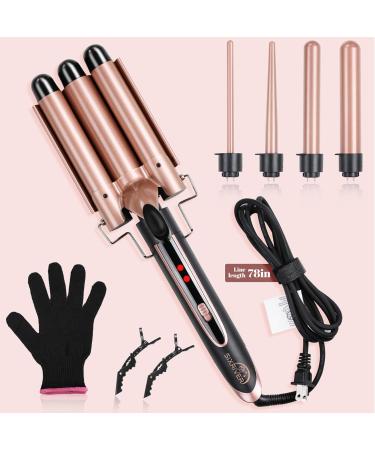 5-in-1 Curling Iron Set - Dual Voltage Interchangeable Curling Wand with 3 Barrel Crimper & 4 Curling Irons - LED Temp Control for All Hair Types - Includes Glove & Clips - Buy Online on SooperMarket.com