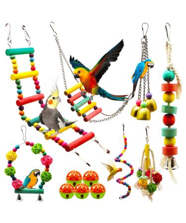 MQUPIN Bird Parrot Toys 12 Pack Budgie Toys Parrots Cage Toys Hanging Swing Climbing Shredding Perches Toys Ladders Sepak Takraw Parrot Bite Toy Cockatiel Toys for Parakeet Budgerigar M-7.9inch
