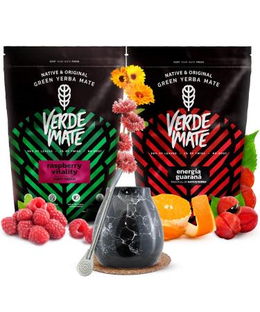 Stimulating yerba mate set with calabash | Yerba mate with guarana and fruits | Verde Mate Green Energia Guarana Raspberry Vitality | Yerba mate tea | Natural caffeine | 2x500g