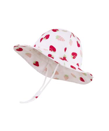 LANGZHEN Beach Sun Protection Hat for Baby Girls Adjustable Toddler Kids Hat Wide Brim Summer Play Hat with Chin Strap White -Strawberry 3-6 Months