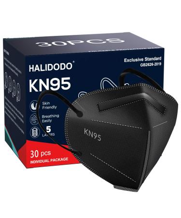 HALIDODO 30 Packs KN95 Face Mask 5-Plyers Protection Cup Dust Face Mask Breathable Protection Mask for Women Man Black