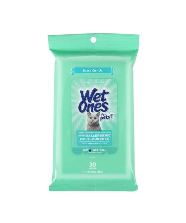 Wet Ones for Pets Hypoallergenic Multi-Purpose Wipes for Cats - Extra Gentle Fragrance-Free Cat Grooming Wipes with Vitamins A, C, & E - Wipes with Wet Lock Seal, 30 Count Pouch Cat Wipes