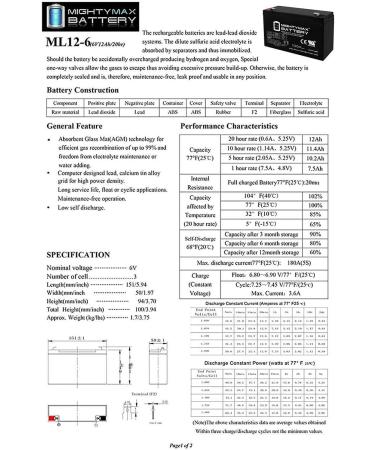 Mighty Max Battery ML12-6 6V 12AH - Reliable Replacement for Power-Sonic PS-6100F2 | International Shipping Available - Buy Online on SooperMarket.com