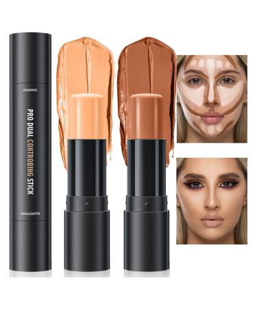 Double-End Highlighter Contour Stick  Cream Contour Stick Makeup Highlighter Stick  Professional Long-Lasting & Waterproof Face Body Contour Makeup Bronzer Stick (03Natural Color+Medium Coffee)