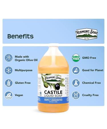 Vermont Castile Soap Unscented 64 Fl Oz - Gentle Liquid Soap for Sensitive Skin, Natural Body Wash, Organic Shampoo - Aloe Castile Soap for Men & Women - Buy Online on SooperMarket.com