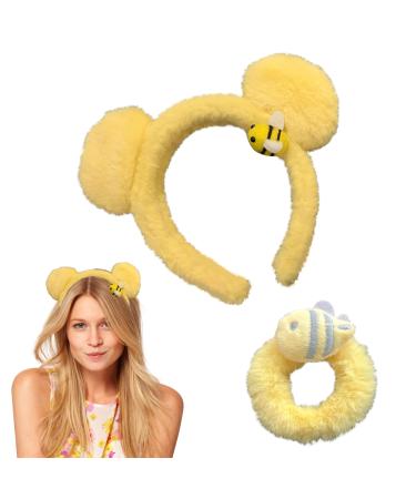 REYIN-CHHN Yellow Plush Bear Ears Headband and Hair Ties - Bee Ears Headband Adult The Pooh Ears Headband Adult Bear Headband Fashion Headbands for Women Ponytail Holders Cute Costume