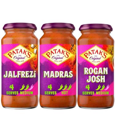 Curry Sauce Bundle with Patak Jalfrezi Curry Sauce Jar 450g Madras Sauce Jar 450g and Rogan Josh Sauce Jar 450g (3 Pack)