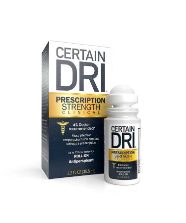 Certain Dri Prescription Strength Clinical Antiperspirant Roll-On Deodorant, Hyperhidrosis Treatment for Men & Women, Unscented, 1.2 Fl oz, 1 Pack 1.2 Fl Oz (Pack of 1) Prescription Strength Clinical, Roll-On