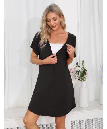 Sykooria Women's Maternity Nightdress - Black S | Nursing Nightgown with Button Down Front, V Neck, and Short Sleeves | Soft and Comfortable Sleep Shirt for Pregnant Women - Buy Online on SooperMarket.com