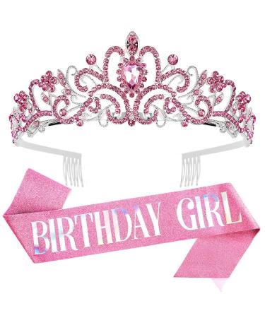 Birthday Crowns for Women  Didder Pink Birthday Girl Sash & Rhinestone Tiara Kit  Birthday Crown Birthday Sash and Tiara for Women Tiaras and Crowns for Women Girls Birthday Tiara for Women 2 Piece Set 05 Pink