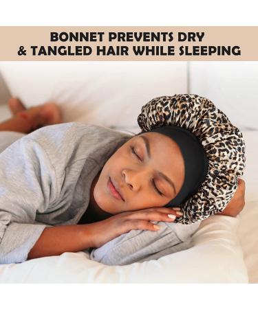 Silk Bonnet for Curly Hair 2PCS Set - Leopard & Pink Floral | Elastic Wide Band - Buy Online on SooperMarket.com