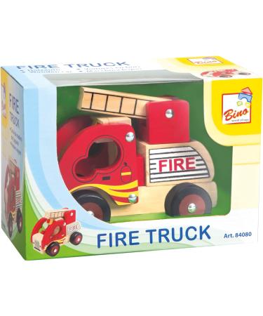Bino Holzauto Feuerwehr - Wooden Fire Truck Toy for Kids 12 Months+ | Fold-Out Ladder PVC Tires Promotes Hand/Eye Coordination - 17x12x9 cm Red - Buy Online on SooperMarket.com