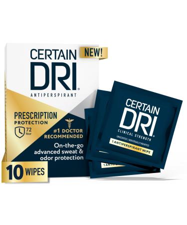 Certain Dri Antiperspirant Wipes for Excessive Sweating and Hyperhidrosis Clinical Strength Protection Against Odor and Perspiration Lasting 72 Hours Travel Friendly Dermatologist Recommended 10ct
